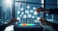 Hands interacting with futuristic holographic interface displaying data visualization and icons Royalty Free Stock Photo
