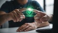 Hands interacting with a futuristic holographic interface displaying a green checkmark and data Royalty Free Stock Photo