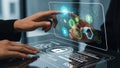 Hands interacting with futuristic holographic interface displaying security and data analytics Royalty Free Stock Photo