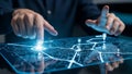 Hands interacting with futuristic holographic map interface technology hologram Royalty Free Stock Photo