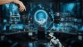 Hands Interacting with Futuristic Interface Displaying Generative AI Concepts and Data Visualizations in a High-Tech Royalty Free Stock Photo