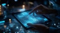 Human Hands Interacting with Futuristic Digital Tablet Displaying Blue Data Interface, Graphs, and Circuits. Concept of Technology Royalty Free Stock Photo