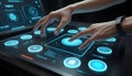Hands interacting with a futuristic touch screen interface on a black surface with blue lights Royalty Free Stock Photo