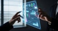 Hands interacting with a futuristic transparent holographic display showing data charts and graphs Royalty Free Stock Photo