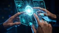 Hands interacting with a glowing futuristic digital interface displaying complex data and circuits Royalty Free Stock Photo