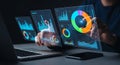 Hands interacting with glowing holographic data visualizations on multiple screens Royalty Free Stock Photo
