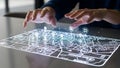 Hands interacting with holographic city map on digital screen technology hologram Royalty Free Stock Photo