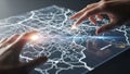 Hands interacting with holographic data map on digital screen hologram digital map Royalty Free Stock Photo