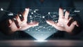 Hands interacting with holographic data visualization hologram digital map Royalty Free Stock Photo