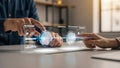 Hands interacting with holographic interface showing approve buttons and data analytics Royalty Free Stock Photo