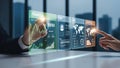 Hands interacting with holographic screens showing finance, HR, and logistics data analytics and world maps Royalty Free Stock Photo