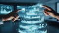 Hands interacting with layered holographic data visualizations and charts Keywords: technology, data, interface Royalty Free Stock Photo