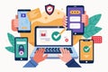 Hands interacting with multiple smartphones and a laptop in a digital security context, showcasing online communication and task Royalty Free Stock Photo