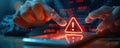 Hands interacting with a tablet displaying a glowing red warning triangle amidst digital codes