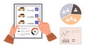 Hand selecting car options on tablet with pie and bar charts for data-driven decision-making Royalty Free Stock Photo