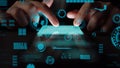 Hands Interacting with a Transparent Digital Interface, Futuristic Technology with Various Graphical Elements and Data Royalty Free Stock Photo