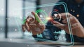 Hands interacting with a transparent holographic interface showing compliance data and charts Royalty Free Stock Photo