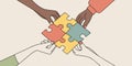 Hands interlocking puzzle pieces, symbolizing problem-solving and unity. vector design Generative AI Royalty Free Stock Photo