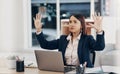 Hands, invisible screen and business woman in office with virtual, tech and futuristic hologram for ai or programming