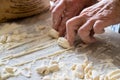 Hands of Italian woman making traditional fresh pasta on a marble table