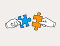 Hands joining jigsaw puzzle pieces icon