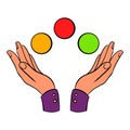 Hands juggling balls icon cartoon