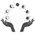 Hands juggling with phases of the Moon, divination magic of lunar phase