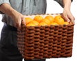 Hands keep box of oranges