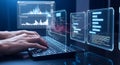 Hands on Keyboard with Holographic Screens Displaying Data and Code Royalty Free Stock Photo