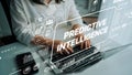 Hands on Keyboard with Overlay of Predictive Intelligence Concept in Modern Workspace. Asymptotic smart data analytic Royalty Free Stock Photo