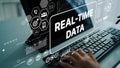 Hands on Keyboard with Real-Time Data Visualization on Screen Representing Modern Technology and Innovative Solutions Royalty Free Stock Photo