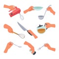 Hands with kitchen appliances set. Cooking and slicing food with beating with mixer and hand whisk pouring freshly