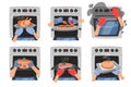 Hands in kitchen gloves and oven flat icons set. Cooking salmon, pizza, bread and other. Confectionery utensils for food Royalty Free Stock Photo