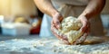 Hands knead fluffy dough. Homemade baking. Making homemade bread. Background with copy space