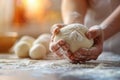 Hands knead fluffy dough. Homemade baking. Making homemade bread. Background with copy space