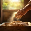 Hands kneading dough with flour dust dancing in the sunlight creating a cozy atmosphere in the kitchen Royalty Free Stock Photo