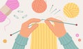 Hands With Knitting. Concept Of Handmade, Hobbie. Vector Illustration In Flat Style