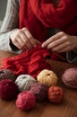 Hands knitting warm wool yarn by soft light Royalty Free Stock Photo
