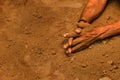 Hands of Kushti wrestler on daily trainining in akhara. Kushti or Pehlwani is traditional form of wrestling in India