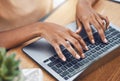 Hands, laptop and black woman software developer of cybersecurity programming company coding for website. Web designer Royalty Free Stock Photo