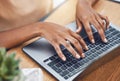 Hands, laptop and black woman software developer of cybersecurity programming company coding for website. Web designer Royalty Free Stock Photo