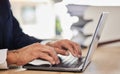 Hands, laptop and business man typing email, planning research and online report at office desk. Closeup, corporate Royalty Free Stock Photo