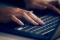 Hands, laptop and business woman typing in office, working on email or project online. Technology, computer keyboard and Royalty Free Stock Photo