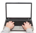 Hands on a laptop computer with blank screen isolated