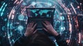 Hands on laptop with digital globe.AI generated image Royalty Free Stock Photo