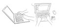 Hands and laptop. Keyboard typing. Side view. View from above. Work on laptop. Sketch hand drawn line. On white Royalty Free Stock Photo