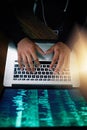 Hands, laptop and overhead with a man programmer coding while typing on a keyboard for software development. Computer Royalty Free Stock Photo