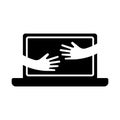 Hands on laptop screen icon. Black modern computer silhouette with human arms, flat design.