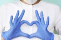 Hands in latex glove shows the symbol of the heart. Doctor for the heart. Love our medical professionals Royalty Free Stock Photo