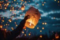 hands launching a Chinese paper traditional lantern into the night sky